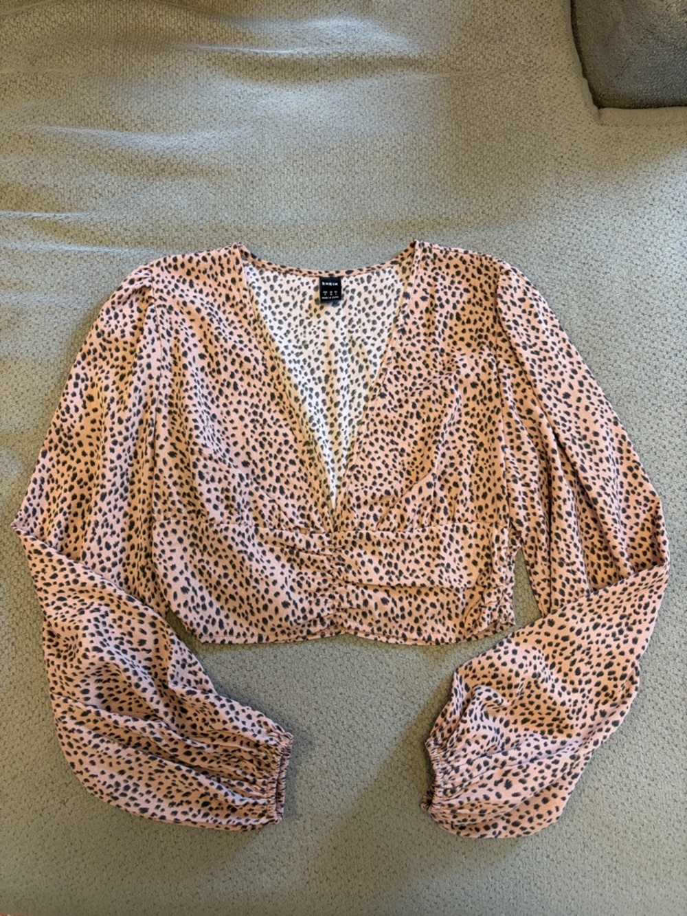 SHEIN Pink Dotted Long-Sleeve Wrap Crop Top